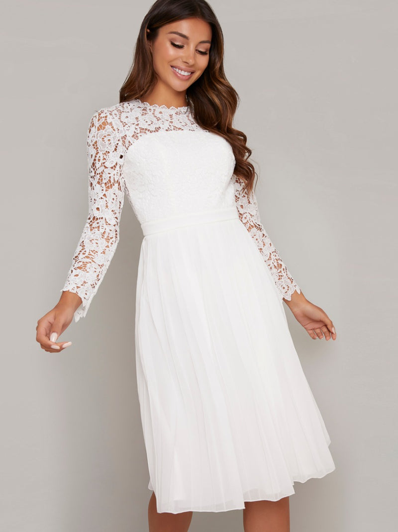 Lace Long Sleeved Midi Dress in White