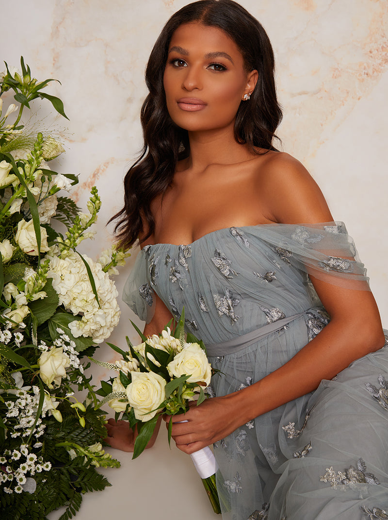 Lace Bardot Maxi Bridesmaid Dress in Grey