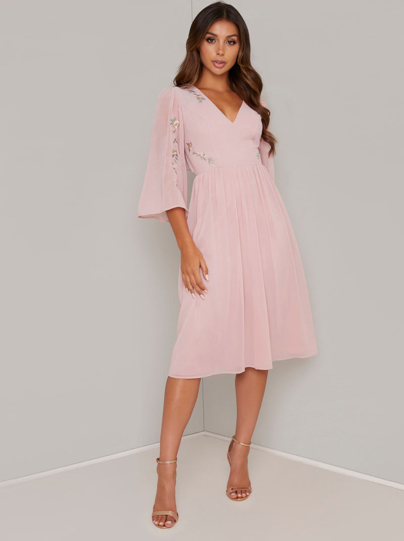 Flare Sleeved Embroidered Midi Dress in Pink – Chi Chi London