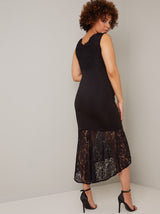 Maternity Lace Overlay Dip Hem Midi Dress in Black