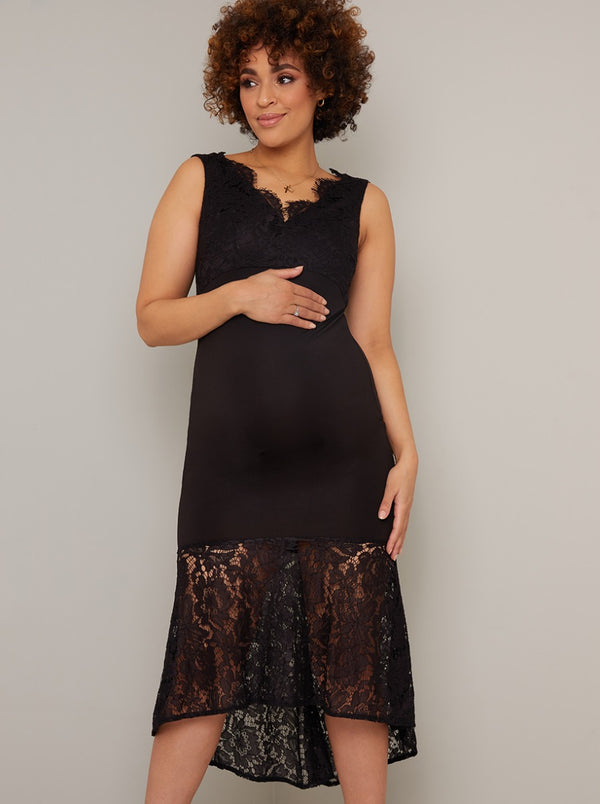 Maternity Lace Overlay Dip Hem Midi Dress in Black