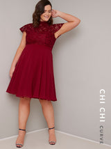 Plus Size Lace Cap Sleeved Chiffon Midi Dress in Red