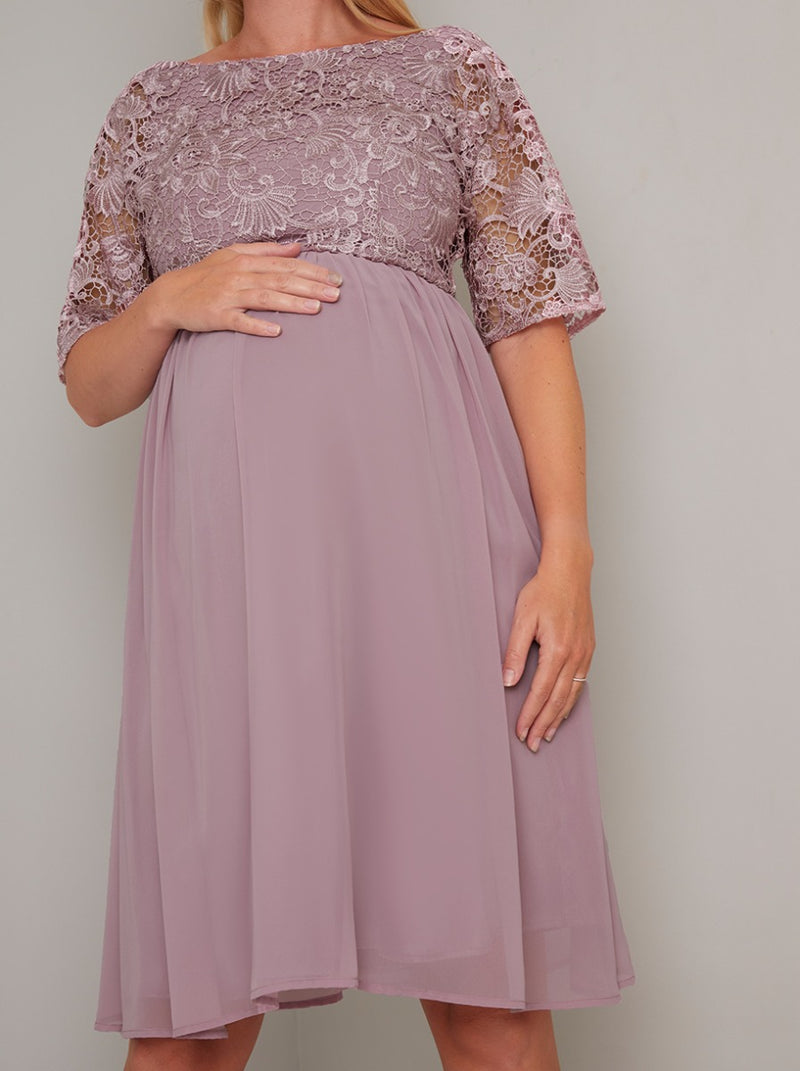 Maternity Lace Bodice 3/4 Sleeve Midi Dress in Pink