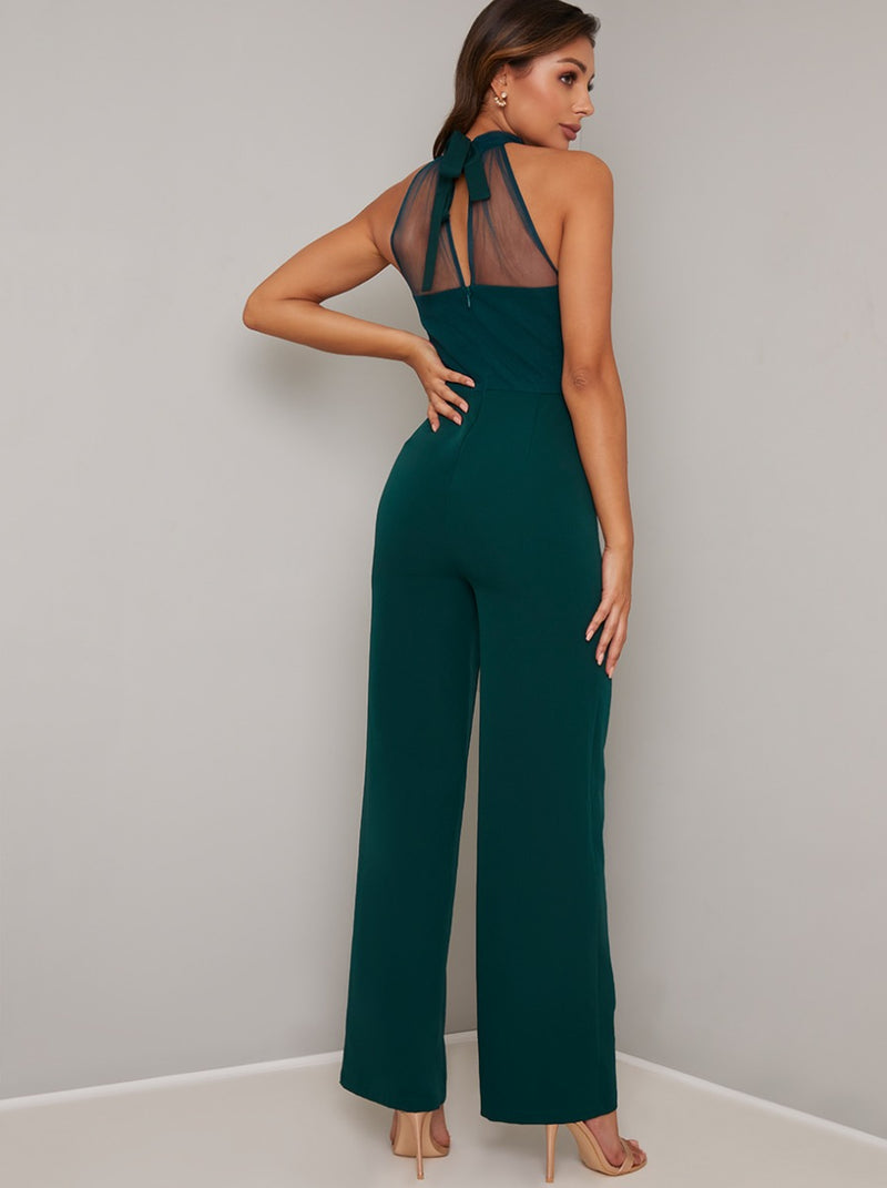 Halter Neck Jumpsuit with Wide Leg Trousers in Green
