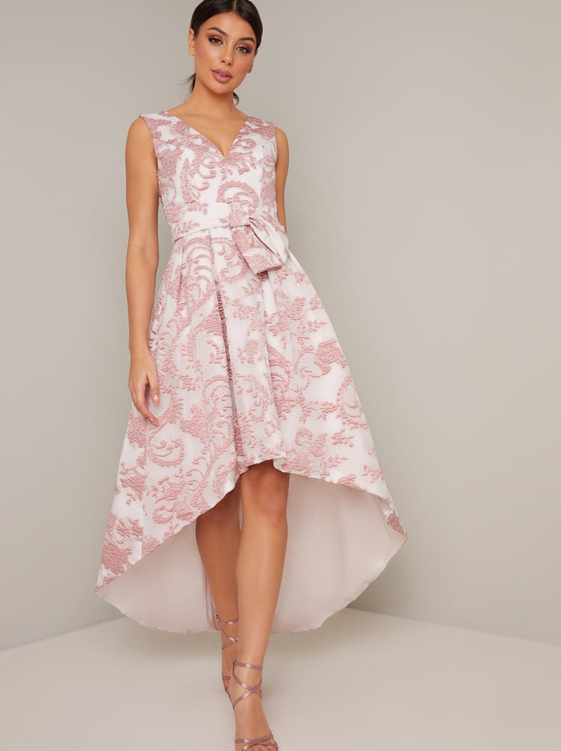 Jaquard Dip Hem Dress withbow Waist Detail in Pink