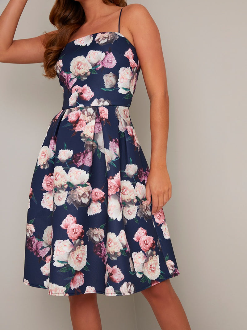 Cami Strap Fitted Bodice Floral Midi Dress in Blue