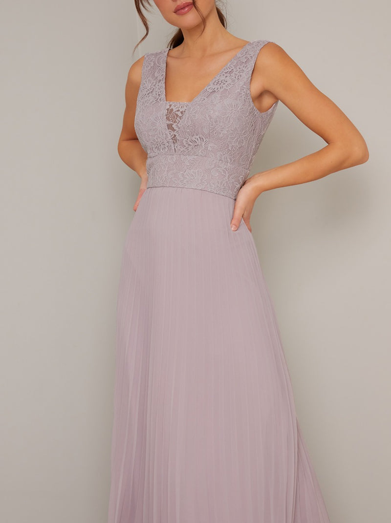 Lace Detail V Neck Pleat Maxi Dress in Purple