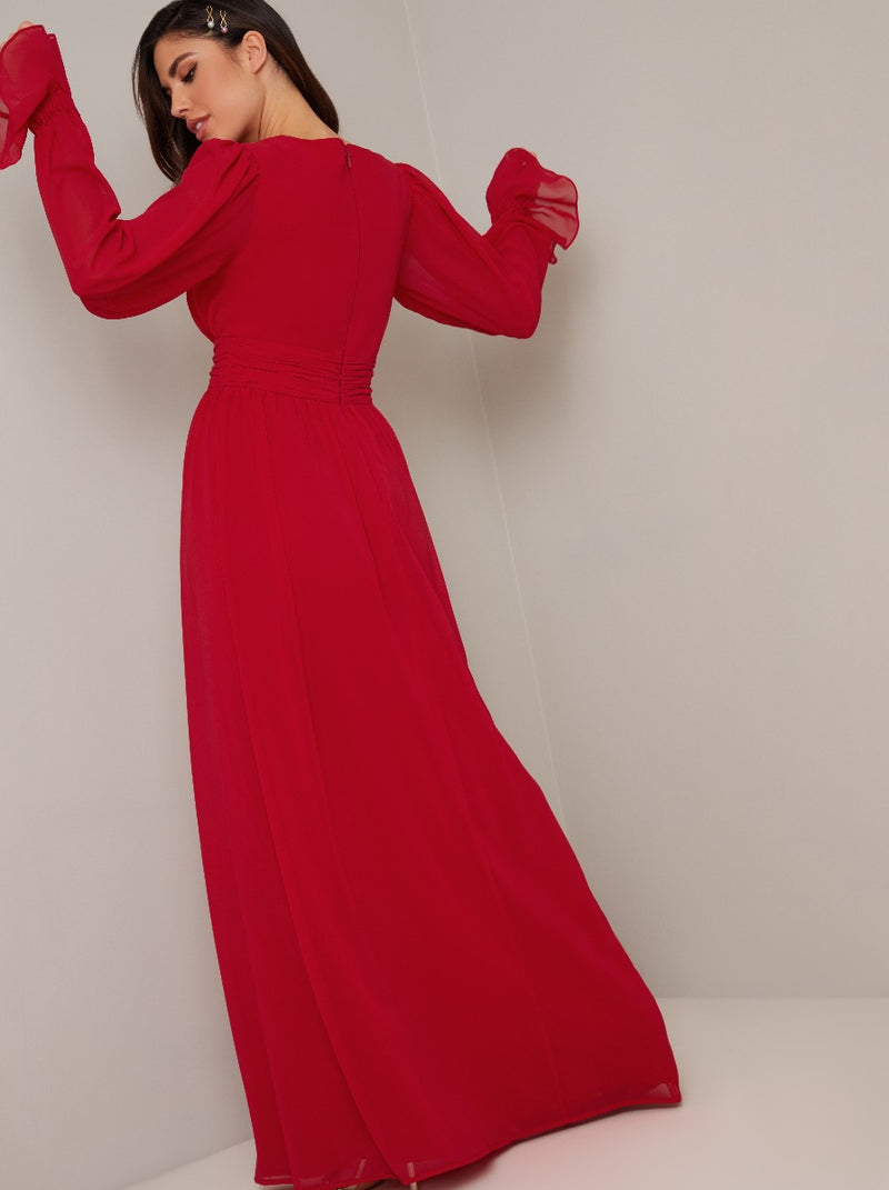 Tie Detail Fluted Sleeved Maxi Dress In Red