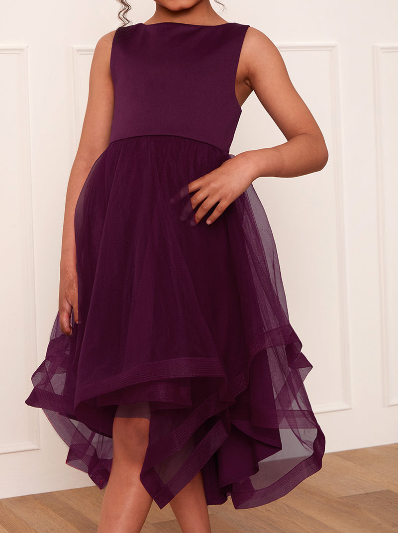 Girls Tulle Layered Midi Dress in Berry