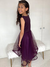 Girls Tulle Layered Midi Dress in Berry