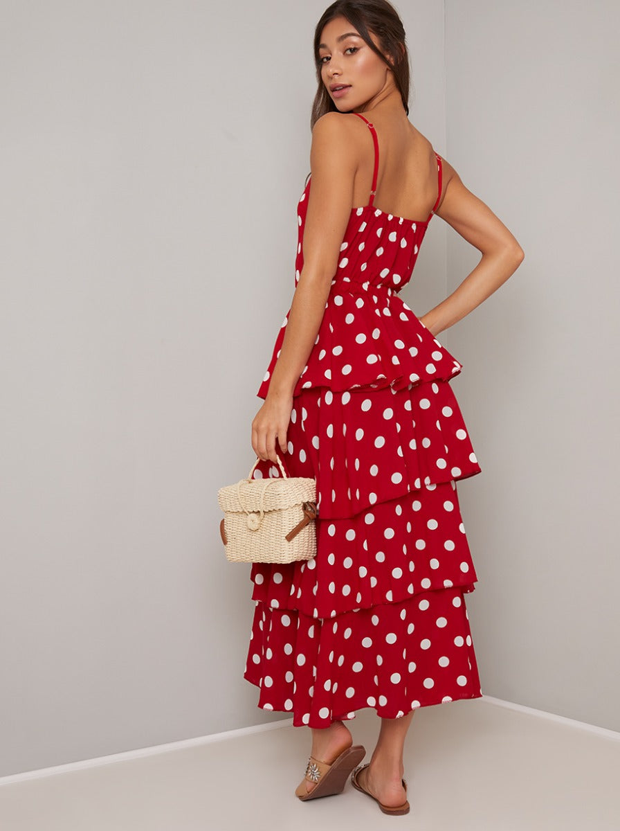 Spot Print Tiered Maxi Dress in Red – Chi Chi London