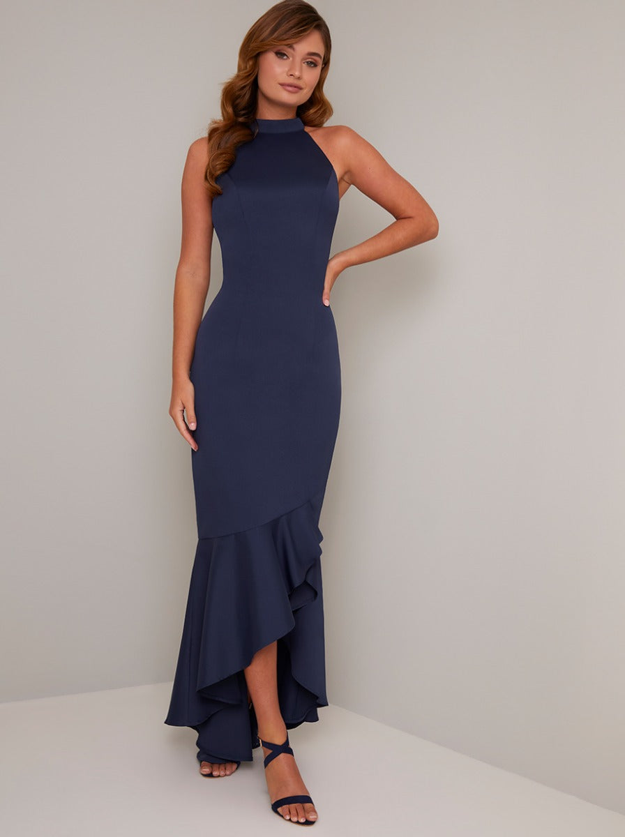 Halter Style Bodycon Ruffle Hem Maxi Dress in Blue – Chi Chi London