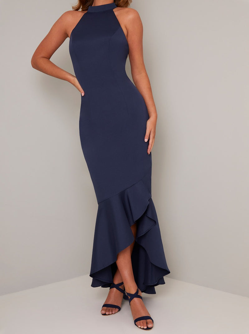 Halter Style Bodycon Ruffle Hem Maxi Dress in Blue – Chi Chi London