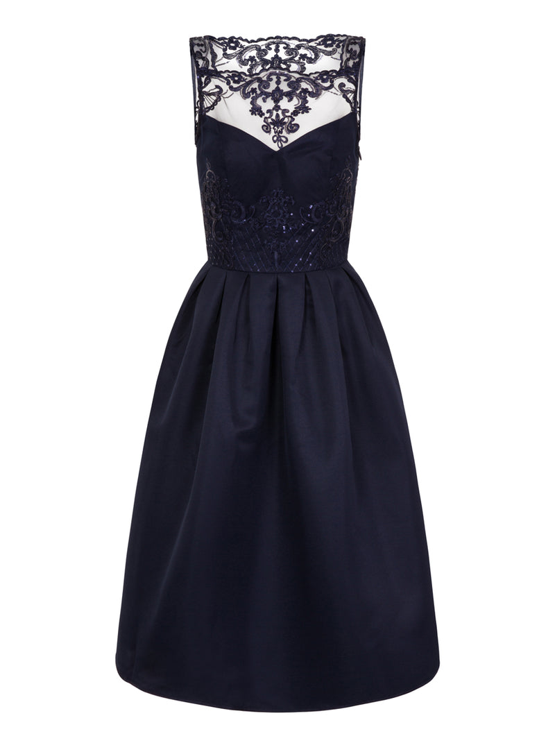 Embroidered Bodice Midi Dress in Navy