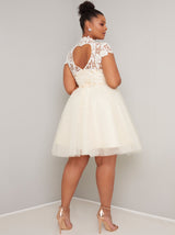 Plus Size High Neck Lace Tulle Midi Dress in Ivory