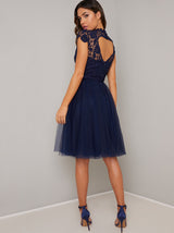 High Neck Lace Bodice Tulle Midi Dress in Blue
