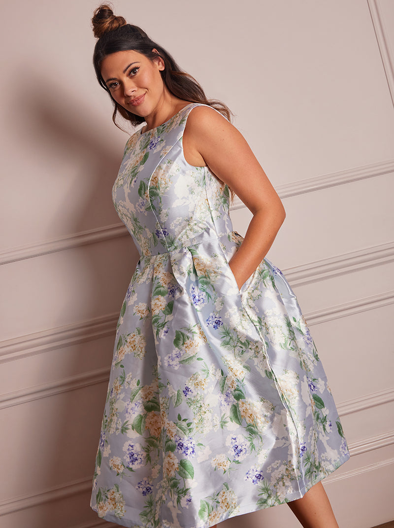 Plus Size Floral Print Midi Dress in Blue