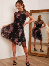 Floral Embroidered Overlay Midi Dress in Black