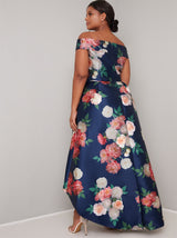 Plus Size Bardot Floral Print Dip Hem Midi Dress in Blue