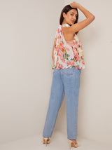High Neck Floral Chiffon Top in White
