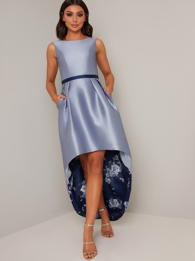 Floral Print Scoop Neck Dip Hem Dress in Blue – Chi Chi London