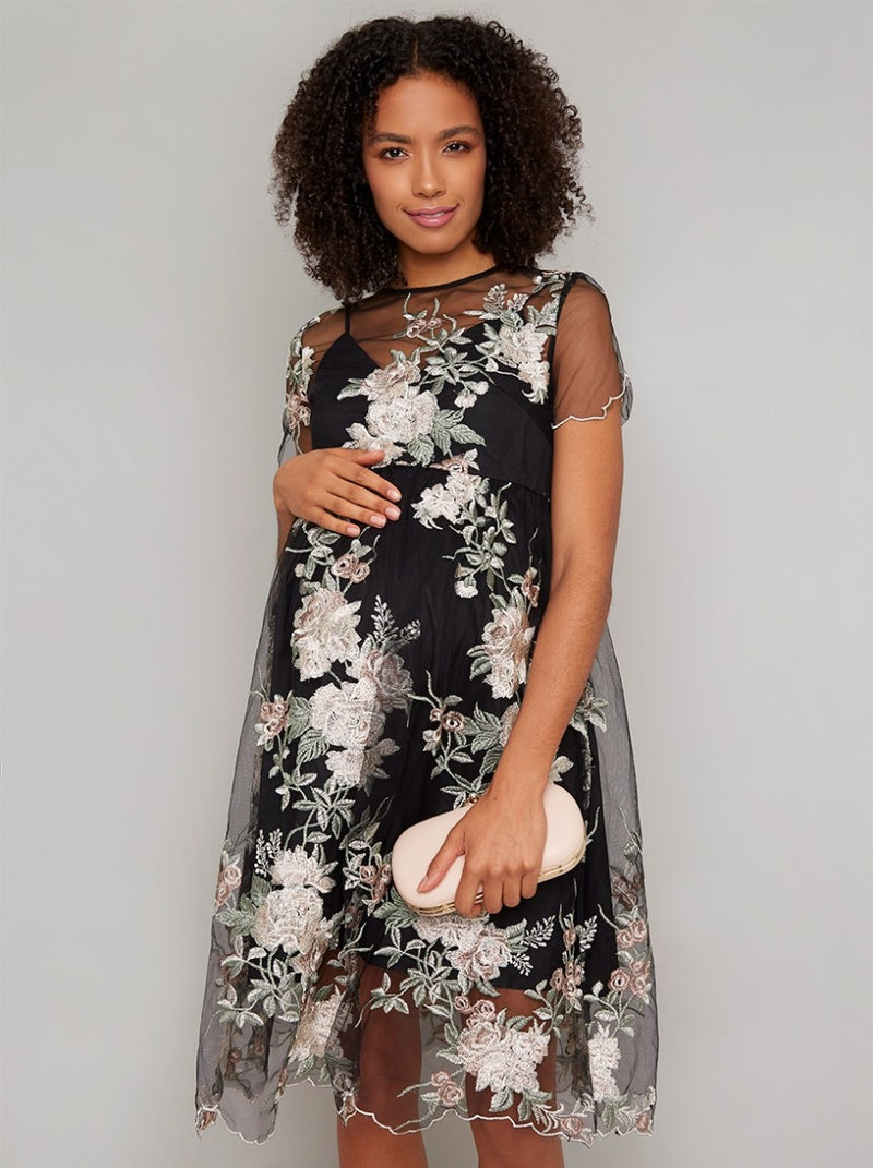 Maternity Floral Embroidered Overlay Dress in Black
