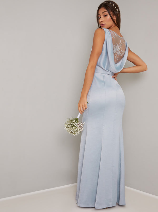 Cowl Back Lace Detail Satin Maxi Dress in Blue