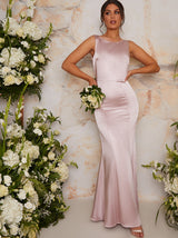 Lace Detail Satin Maxi Bridesmaid Dress in Pink
