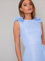 Ruffle Detail Organza Layered Midi Dress in Blue