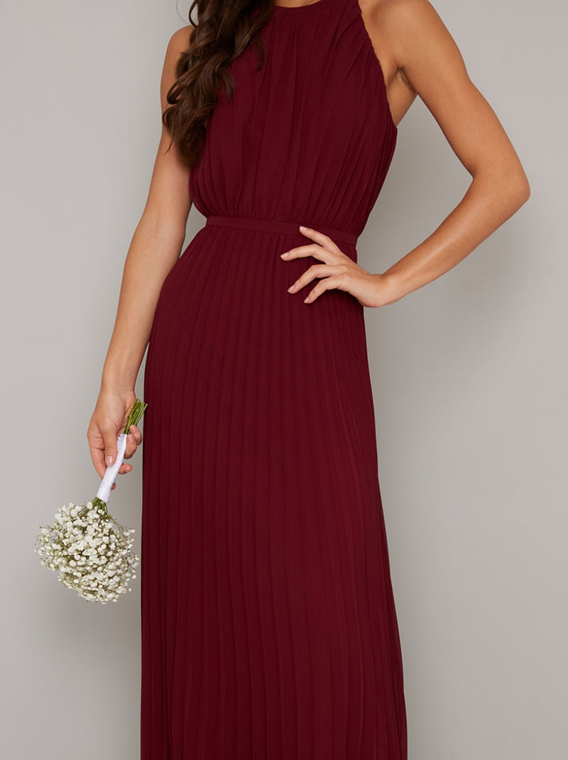 Pleated Racer Neckline Maxi Dress in Red