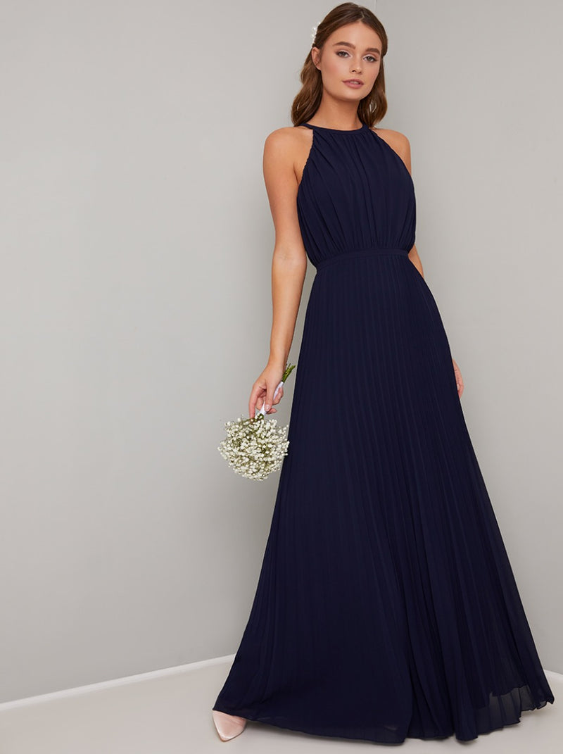 Pleated Maxi Dress with Racer Neckline in Blue