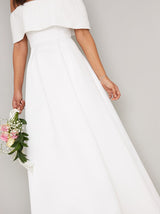 Embellished Bridal Dress with Fold Over Bardot in White