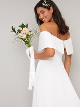 Embellished Bridal Dress with Fold Over Bardot in White