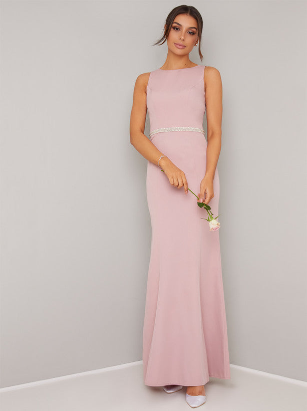 Open Back Diamante Waist Maxi Dress in Pink