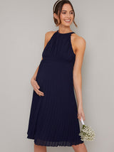 Maternity Halterneck Pleat Midi Dress in Blue