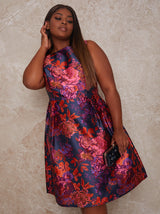 Plus Size Floral Box Pleated Midi Dress in Navy