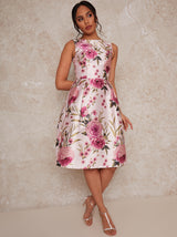 Sleeveless Floral Box Pleated Midi Dress in Pink
