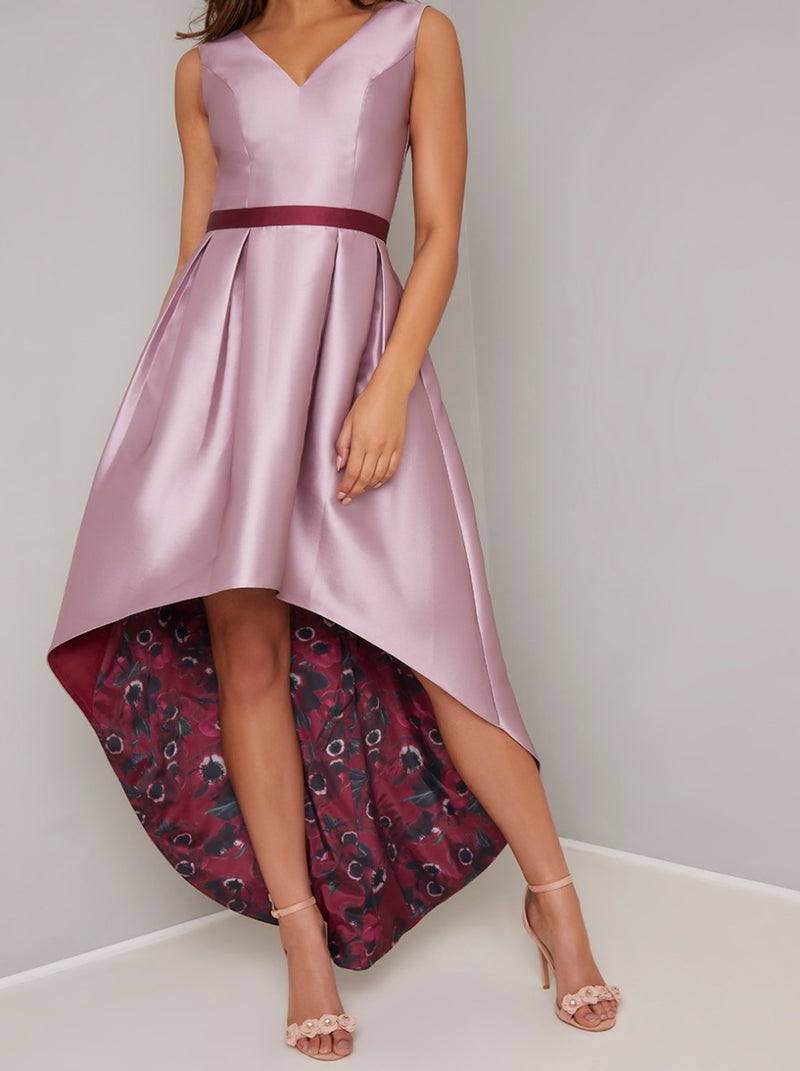 Floral Print Dip Hem Dress with Fitted Bodice in Pink