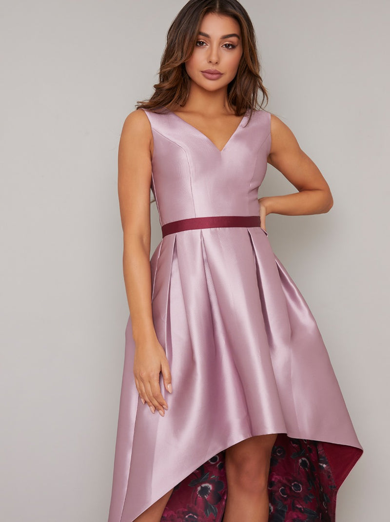 Floral Print Dip Hem Dress with Fitted Bodice in Pink