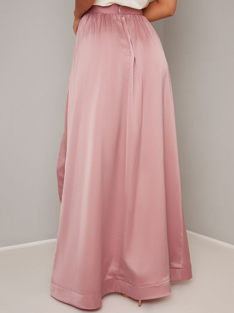Satin Dip Hem Midi Skirt in Pink