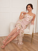 Petite Peplum Floral Embroidered Lace Bodycon Dress in Pink