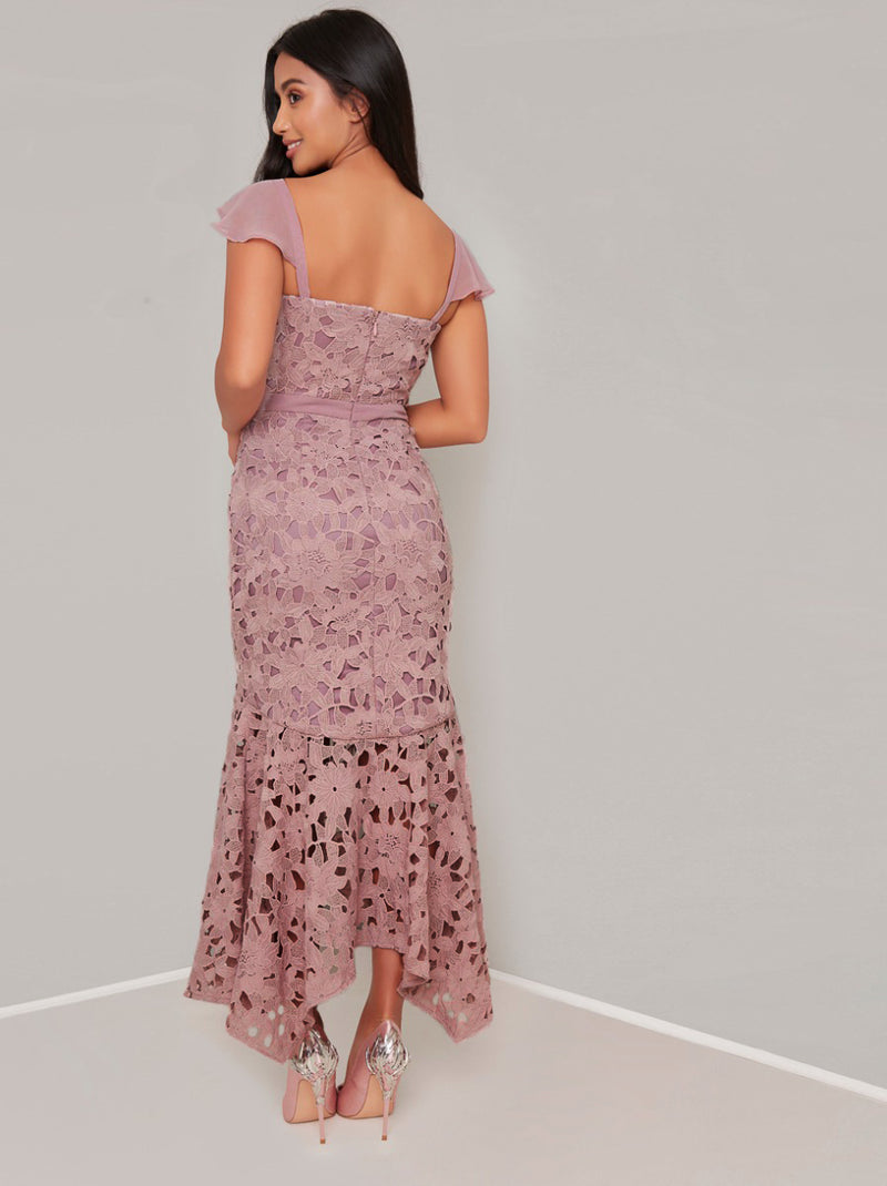Petite Lace Overlay Bodycon Dip Hem Dress in Mink