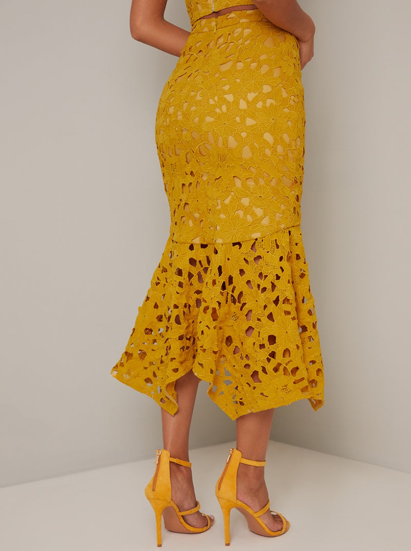 Premium Lace Peplum Hem Midi Skirt in Yellow