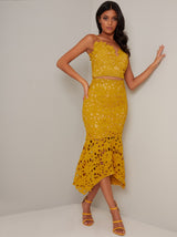 Premium Lace Peplum Hem Midi Skirt in Yellow