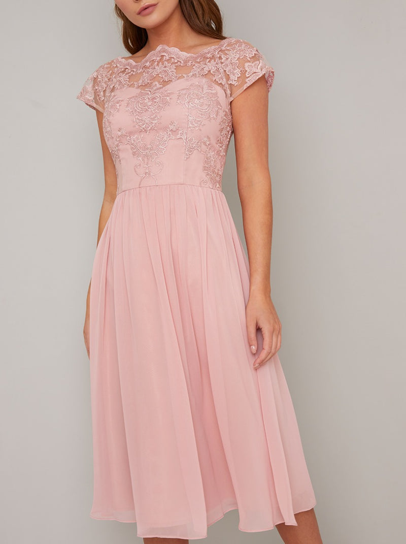 Tall Embroidered Midi Dress in Rose Gold