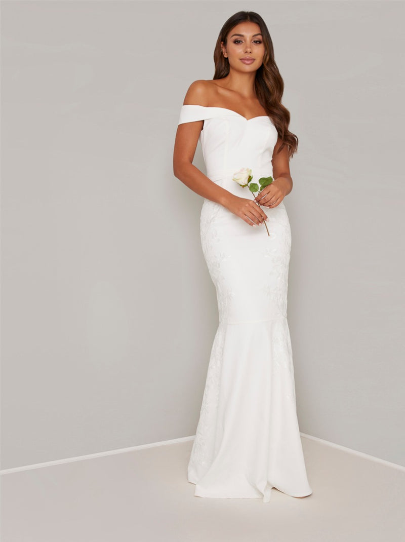 Embroidered Mermaid Wedding Dress in White
