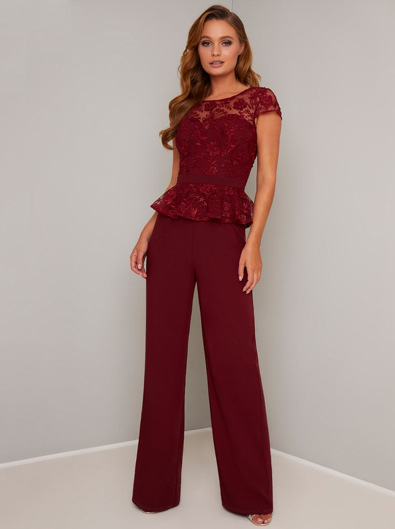 Cap Sleeved Lace Peplum Wide Leg Jumpsuit in Red – Chi Chi London