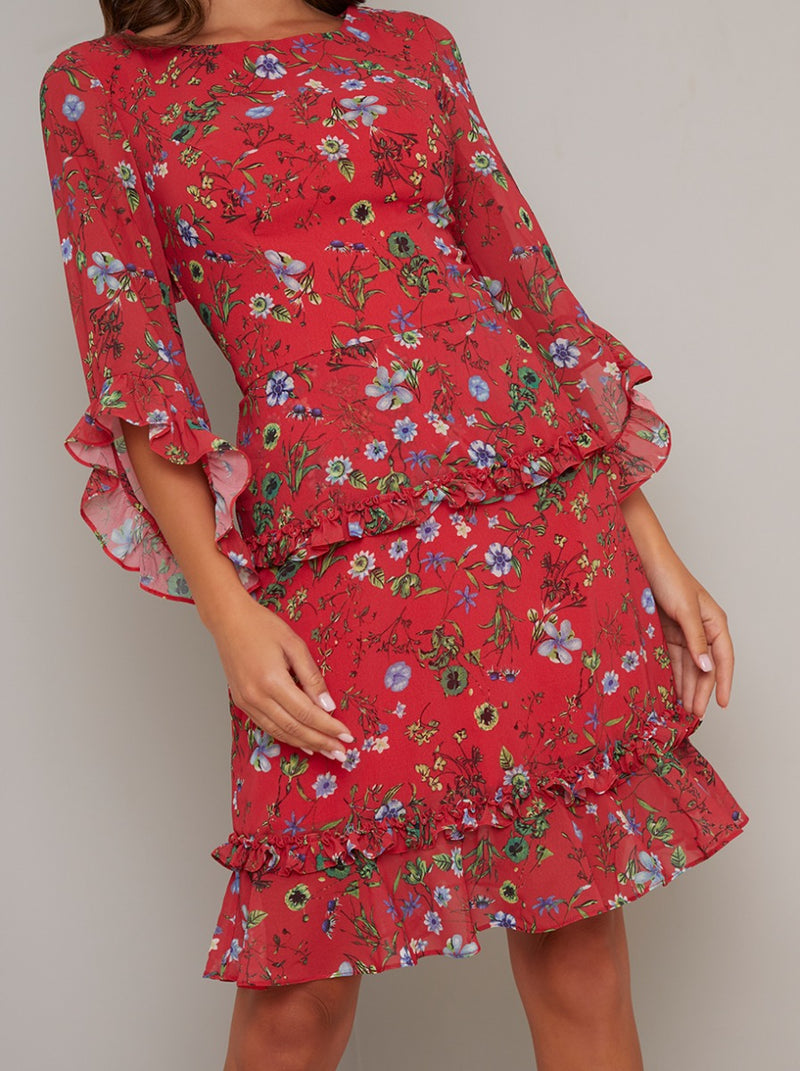 Printed Fluted Sleeved Midi Dress in Red