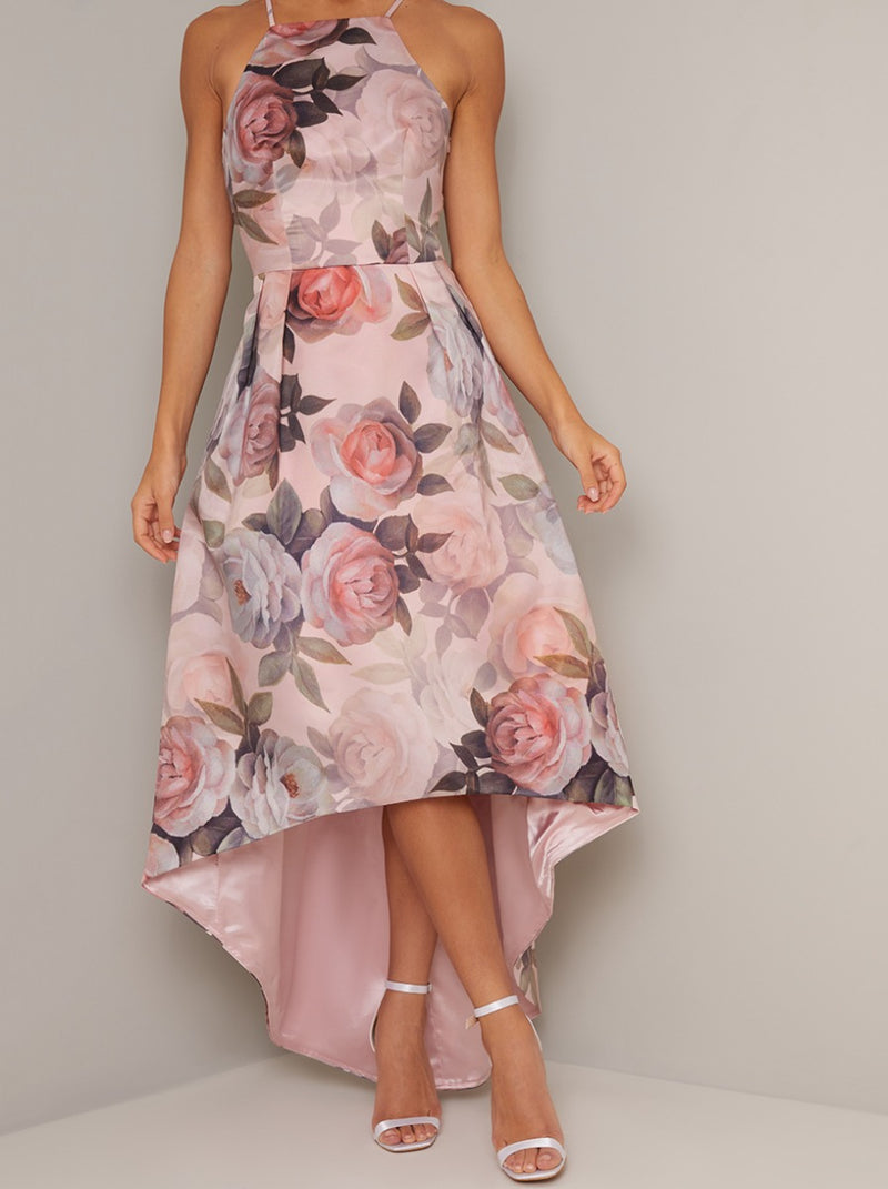 Cami Strap Floral Print Dip Hem Midi Dress in Pink