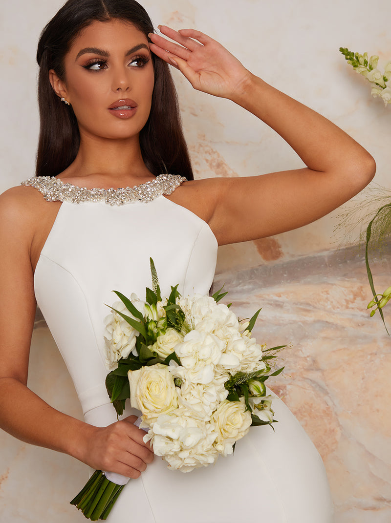 Embellished Ruffle Bow Maxi Wedding Dress in White